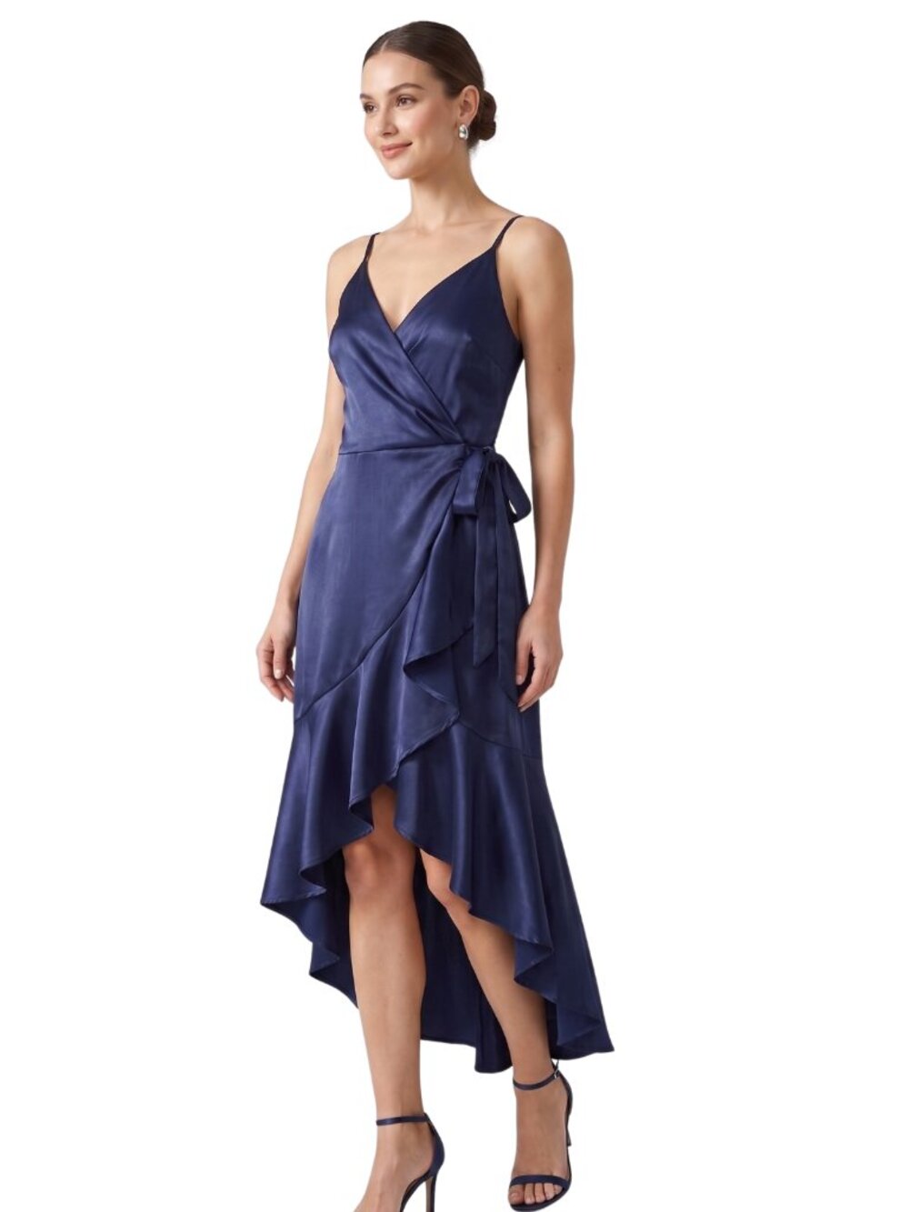 NWOT Navy Blue Satin Faux Wrap High Low Ruffle Midi Dress Small
